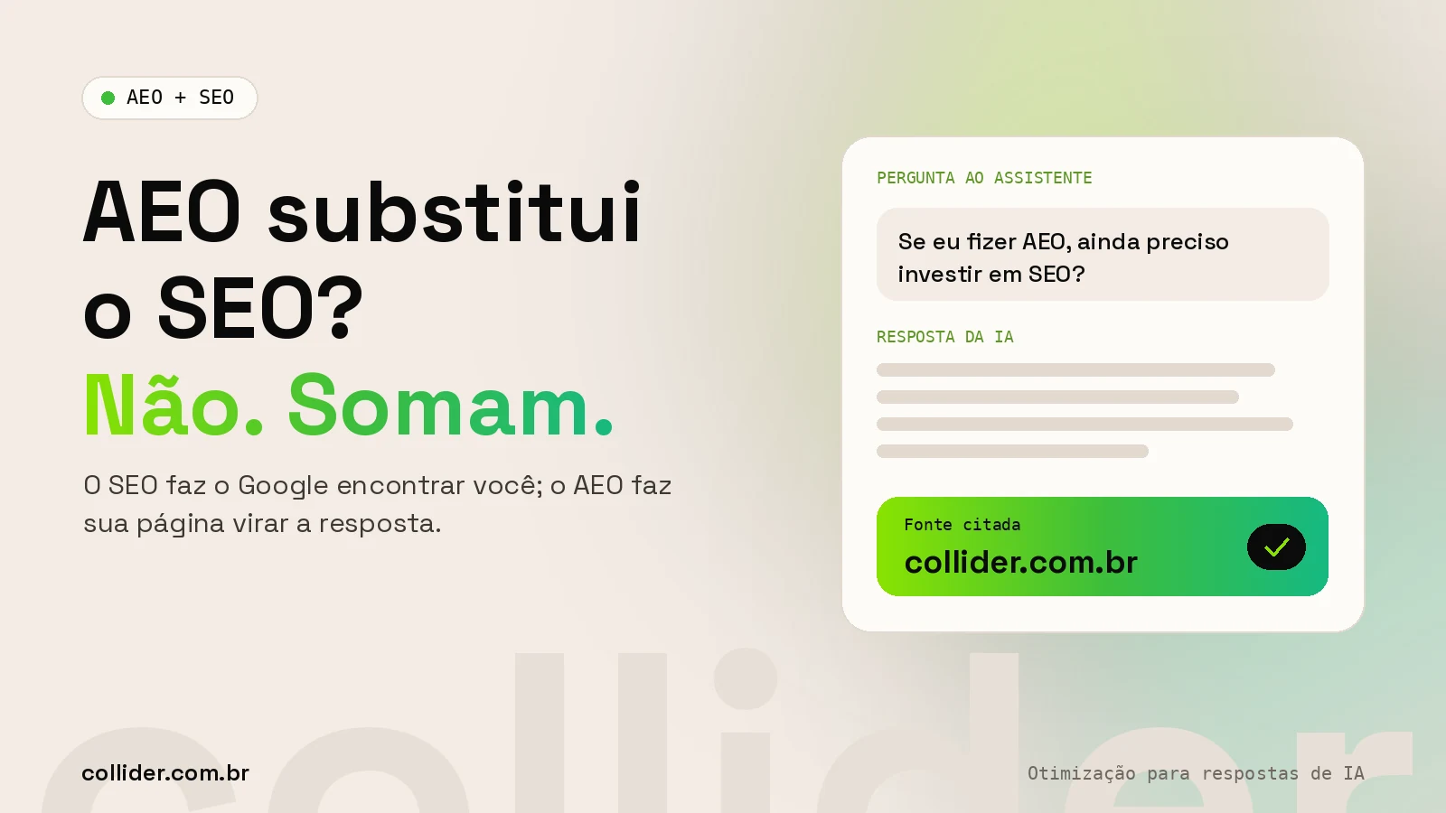 AEO substitui o SEO: assistente de IA respondendo que os dois trabalham juntos e citando a Collider