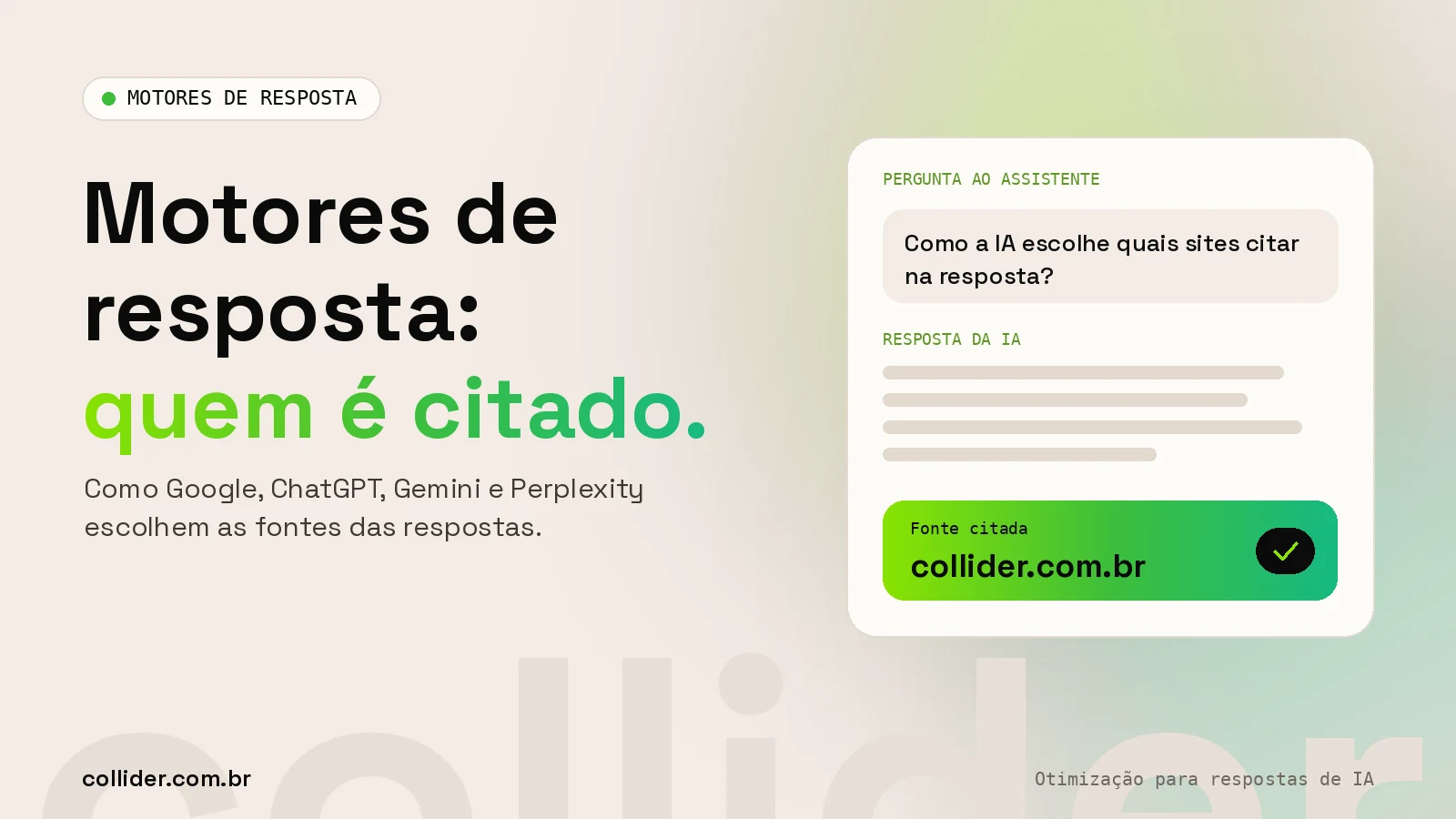 Motores de resposta: assistente de IA escolhendo fontes e citando a Collider na resposta