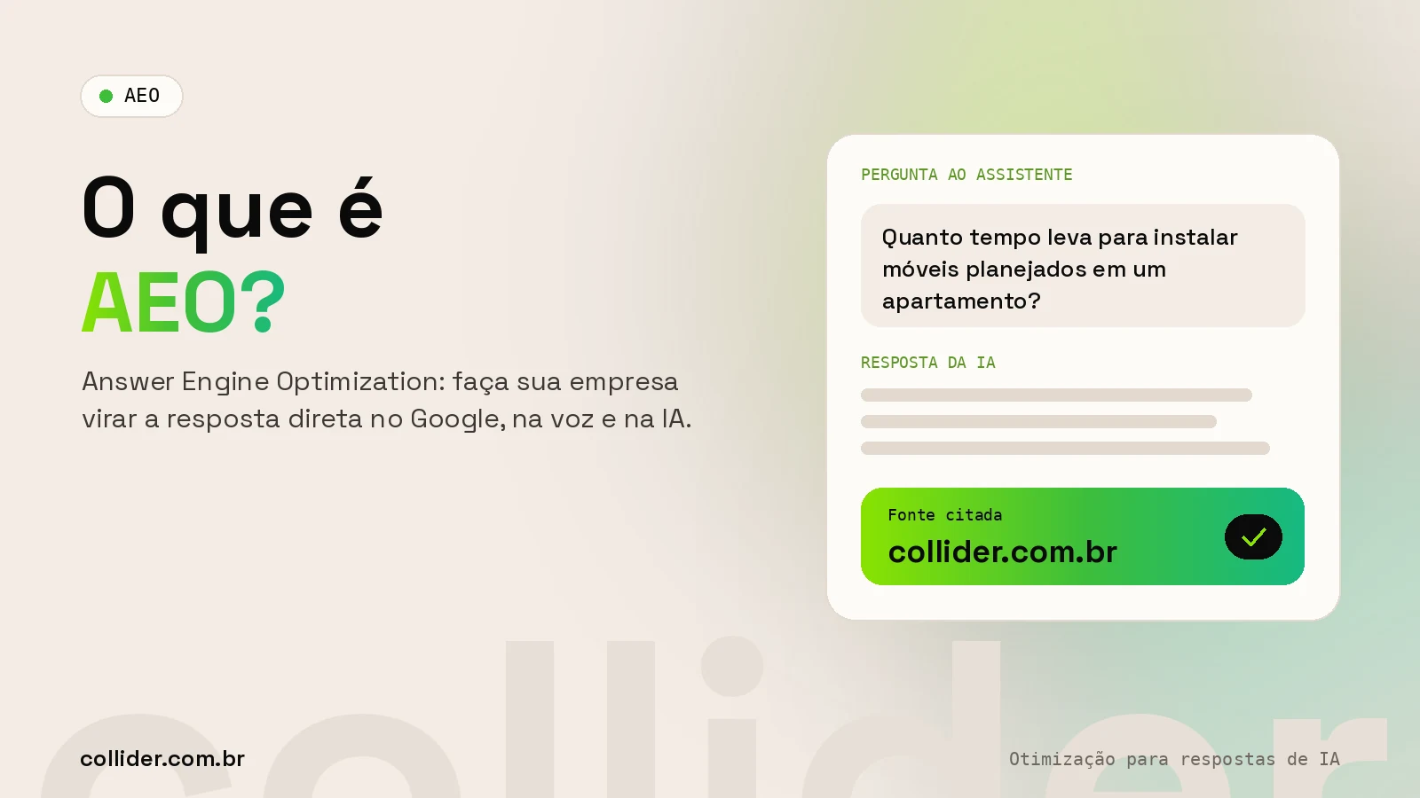O que é AEO: assistente de IA respondendo a pergunta de um cliente e citando a Collider como fonte